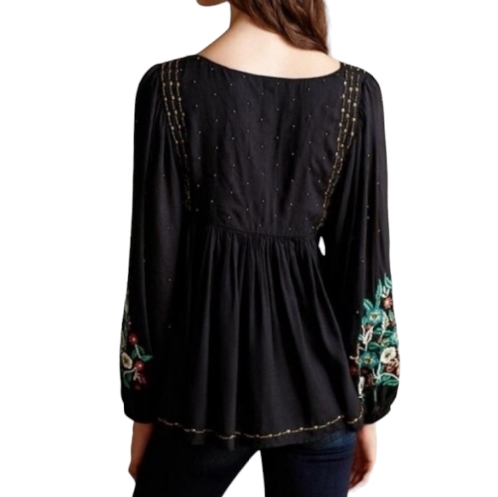 Anthro Floreat Austral Black Beaded Embroidered Boho Peasant Blouse - Size Small - Picture 2 of 12